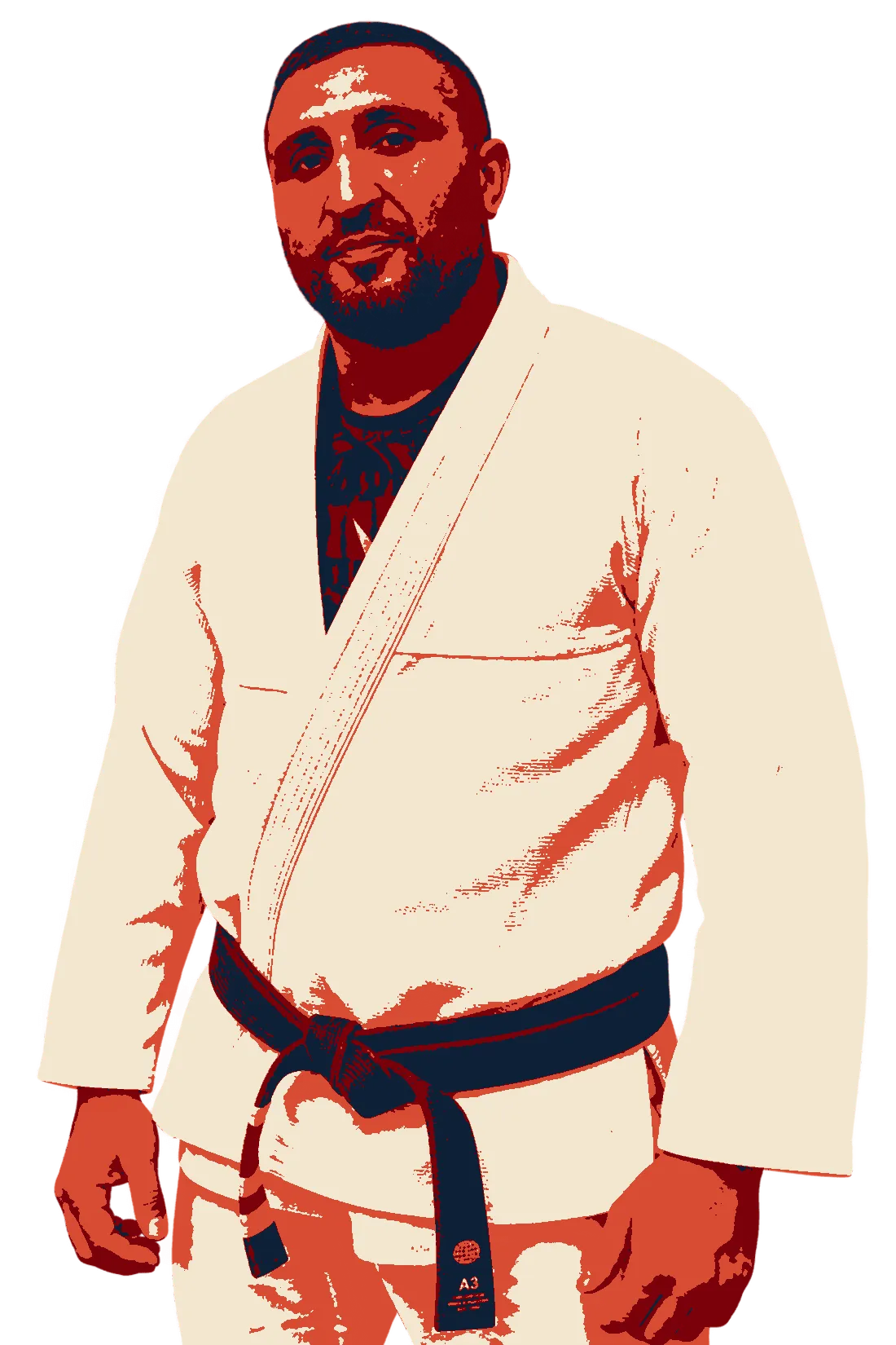 Karim, fondateur et coach de Nice Jiu Jitsu, en kimono blanc et ceinture noire (portrait traité en lithographie).