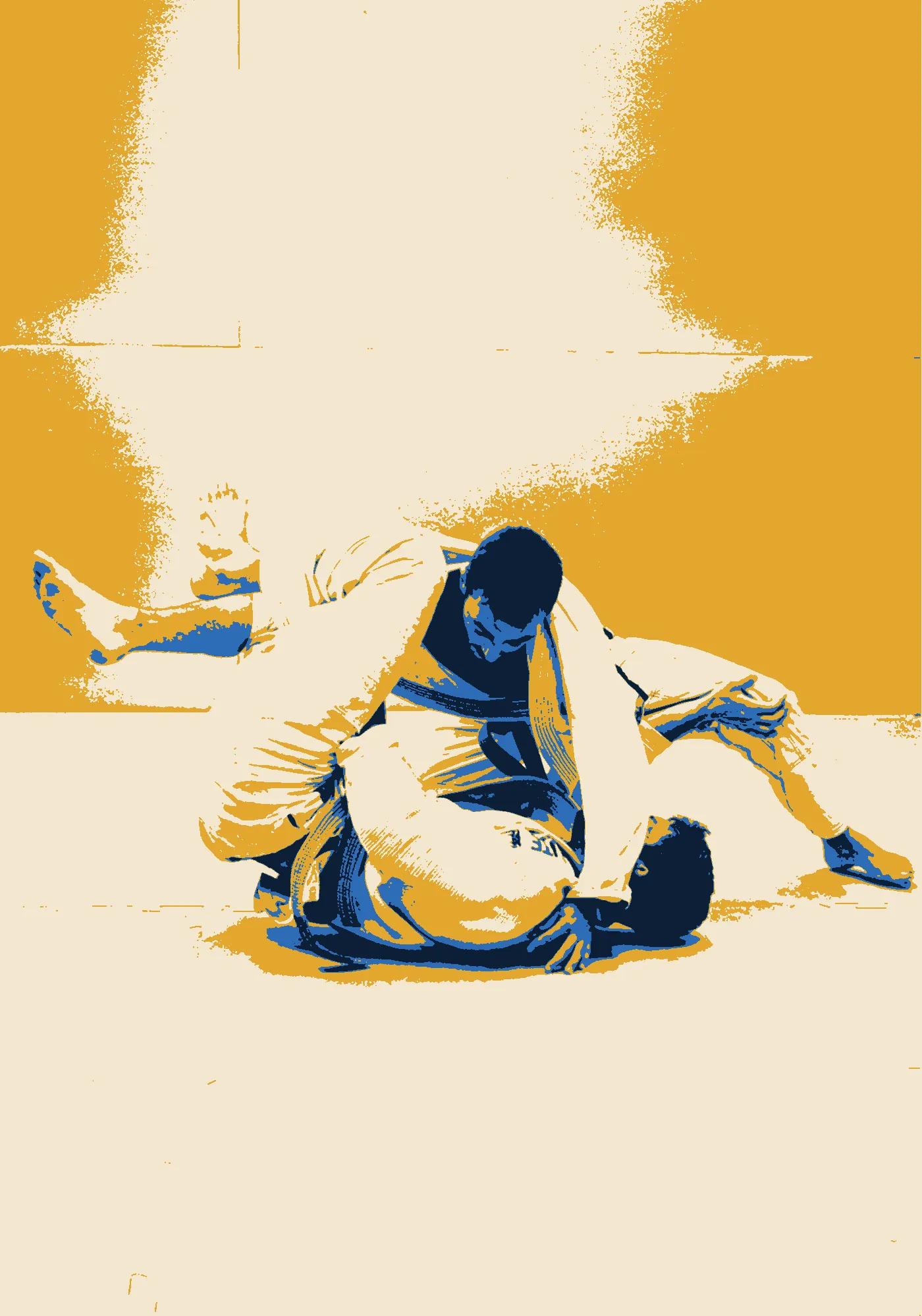 Deux pratiquants en kimono au sol, l’un contrôlant l’autre (photo du club traitée en lithographie).