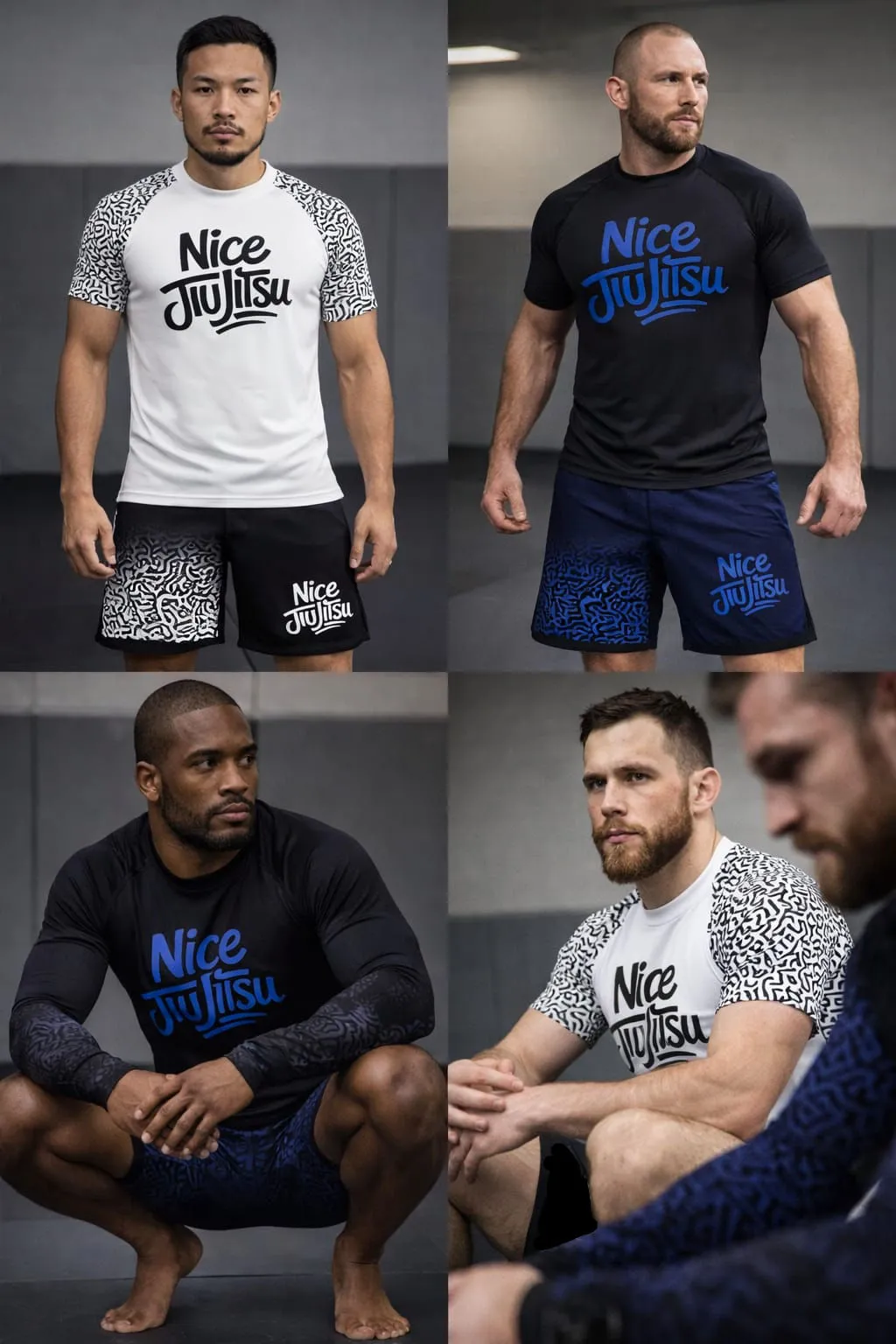 Quatre pratiquants portant les rashguards Nice Jiu Jitsu, en noir, blanc et bleu.