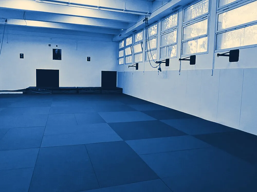 Le dojo de Las Planas : grand tatami bleu sous une rangée de fenêtres.