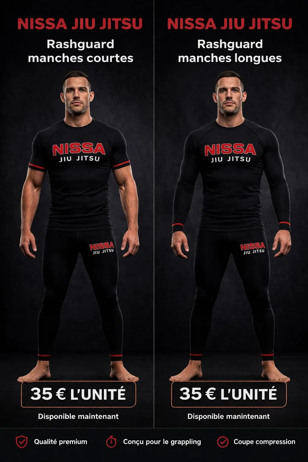 Affiche Nissa Jiu Jitsu : rashguards noirs manches courtes et longues.