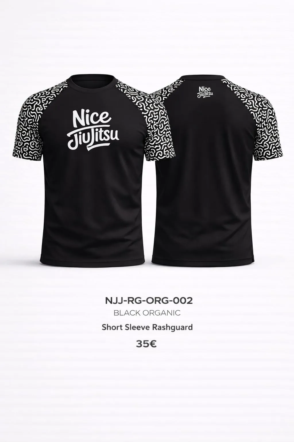 Rashguard Organic noir à manches courtes, motif labyrinthe blanc, logo Nice Jiu Jitsu.