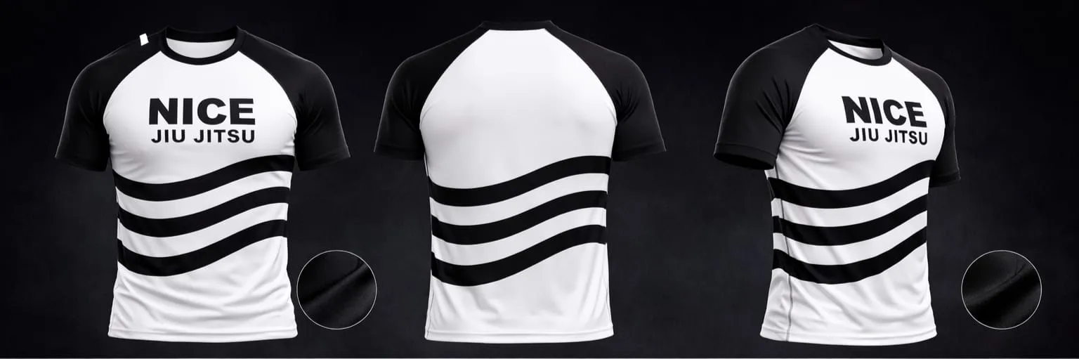 Rashguards Vague, bandes ondulées noir et blanc, logo Nice.